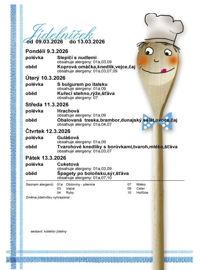 Jídelníček 9. 3. - 13. 3. 2026