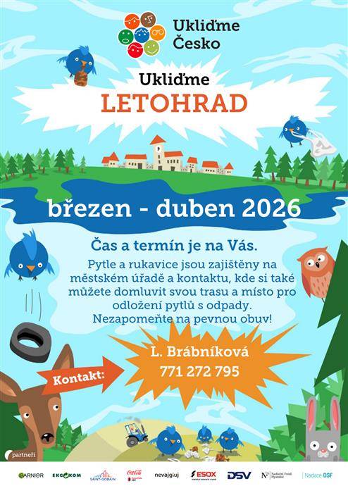 Vážení občané,  zveme vás na jarní procházku městem, kterou můžete spojit s úklidem při celorepublikové akci Ukliďme Česko. Jedná se o dobrovolnickou akci, které se účastní místní spolky, školy, rodiny s dětmi, jednotlivci i parta přátel.  Pytle a rukavice si můžete už nyní vyzvednout na městském úřadě. Cílem bude projít místa, která běžně navštěvujete. Děkujeme všem za aktivní zapojení a pomoc při úklidu.  Mgr. Lenka Brábníková  referentka odboru výstavby a životního prostředí