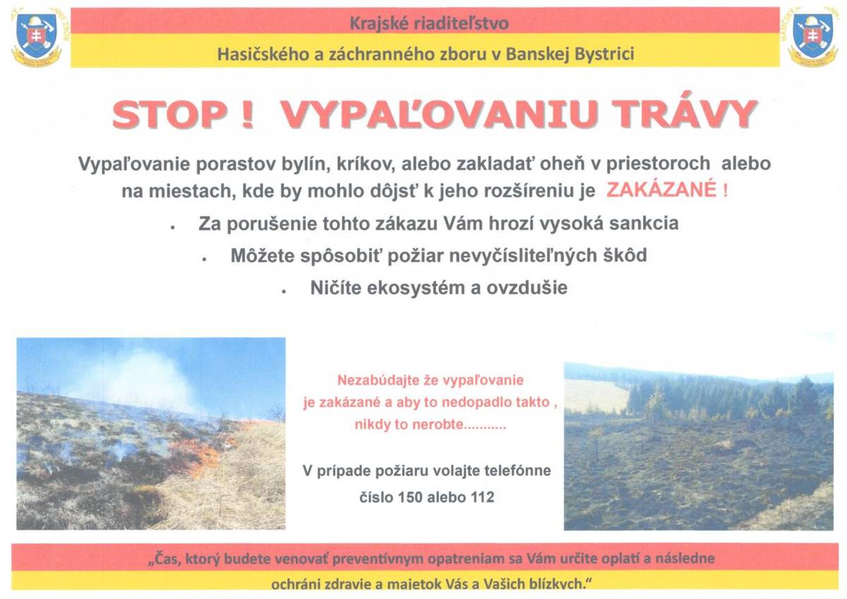 Zákaz vypaľovania trávnatých porastov v jarnom období!!!