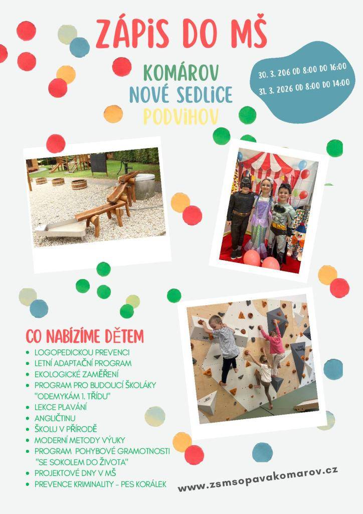 Mateřská škola Nové Sedlice srdečně zve k zápisu ve dnech 30.-31. března 2026