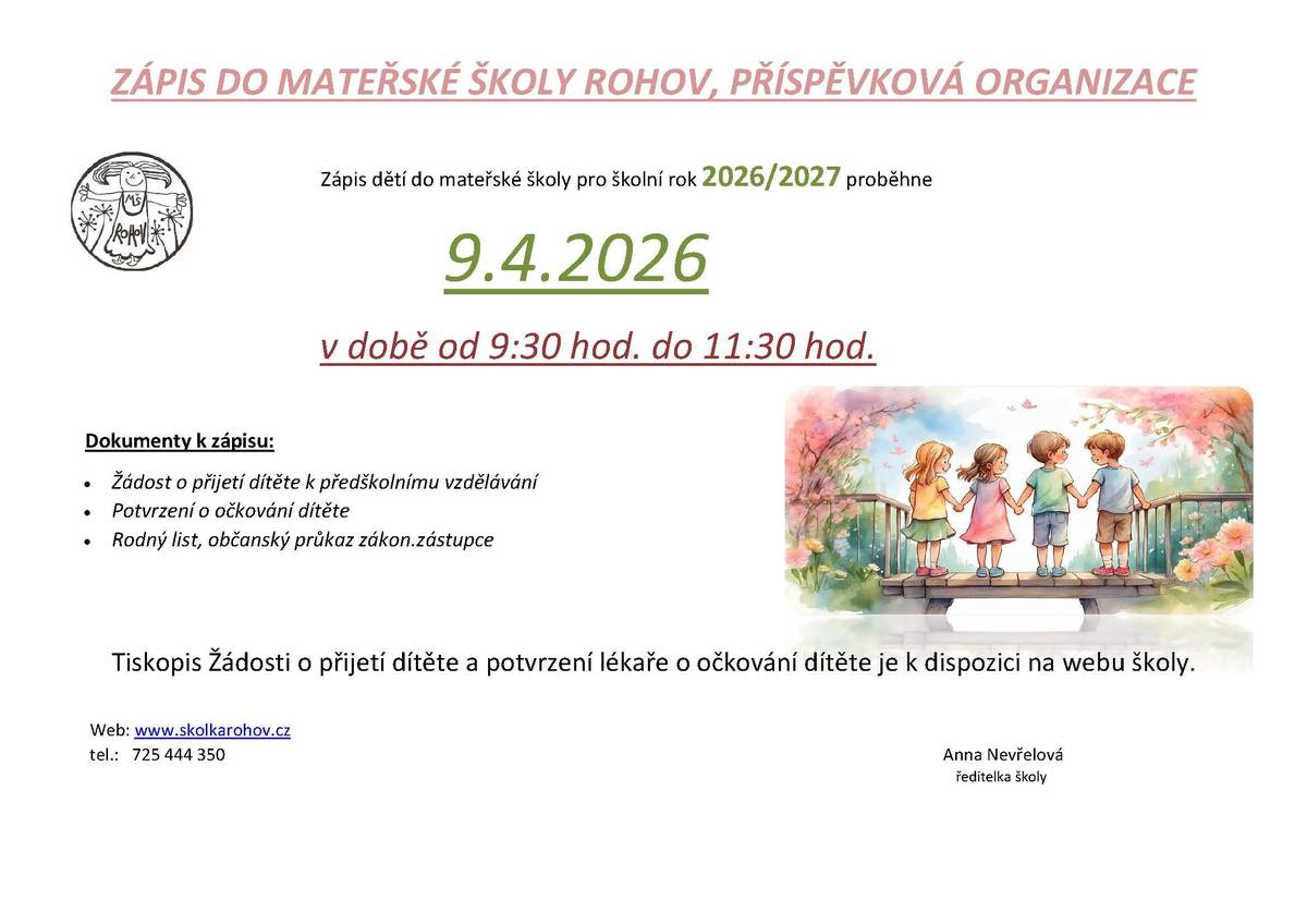 Informace k termínu zápisu dětí do Mateřské školy pro školní rok 2026/2027.