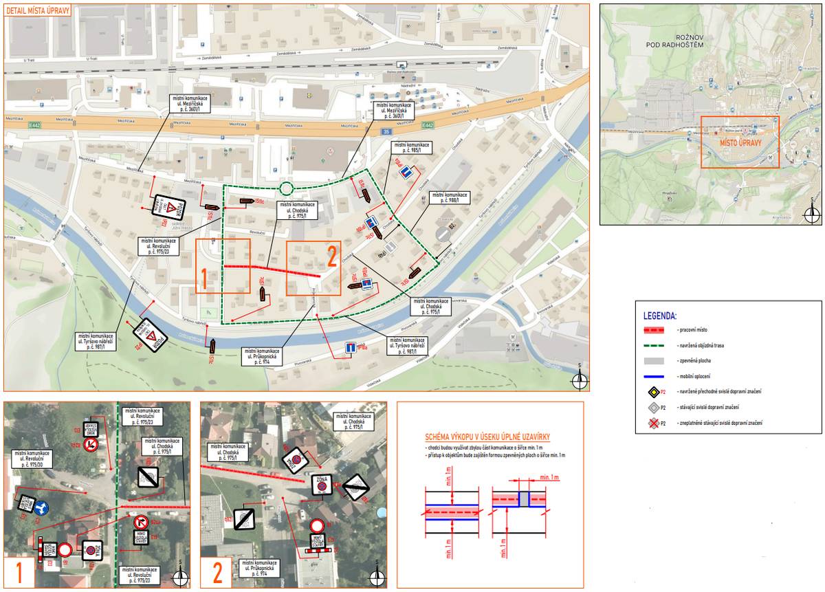 Aktuálně probíhá: 6. ETAPA: Od středy 4. března 2026 započaly práce na ulici Chodská, v úseku od křížení s komunikacemi p.č. 985/1 a p.č. 988/1 (včetně) po objekt č.p. 1025 a to za ÚPLNÉ UZAVÍRKY. Současně budou probíhat práce na přepojování jednotlivých nemovitostí ze starého vodovodního řádu na nový vodovodní řád na ulici Chodské, a to křižovatky s ul. Revoluční u čp. 555 po křižovatku s ulicí Průkopnickou po č.p. 666.  Vlastníci jednotlivých nemovitostí budou o přepojování informováni jednotlivě. Práce jsou závislé na klimatických podmínkách a jejich ukončení se předpokládá přepojováním jednotlivých RD – etapa č. 4. 17.3.2026. Dne 4.3.2026 - 5.3.2026 bude uzavřena křižovatka s účelovou komunikací u čp. 1194 a po jejím uvedením do provozu platí objízdná trasa viz mapa níže.  Tyto práce si vyžádají ÚPLNOU UZAVÍRKU. Pracovní místo bude z důvodu bezpečnosti chodců oploceno. Pro chodce bude průchozí šířka podél pracovního místa min. 1 metr. Přístup ke všem objektům v řešeném úseku bude zajištěn formou zpevněných ploch o šířce min. 1 metr. Objízdná trasa bude vedena po přilehlých místních komunikacích: ul. Tyršovo nábřeží, ul. Revoluční, ul. Meziříčská, komunikaci p.č. 985/1 a komunikaci p. č. 988/1.