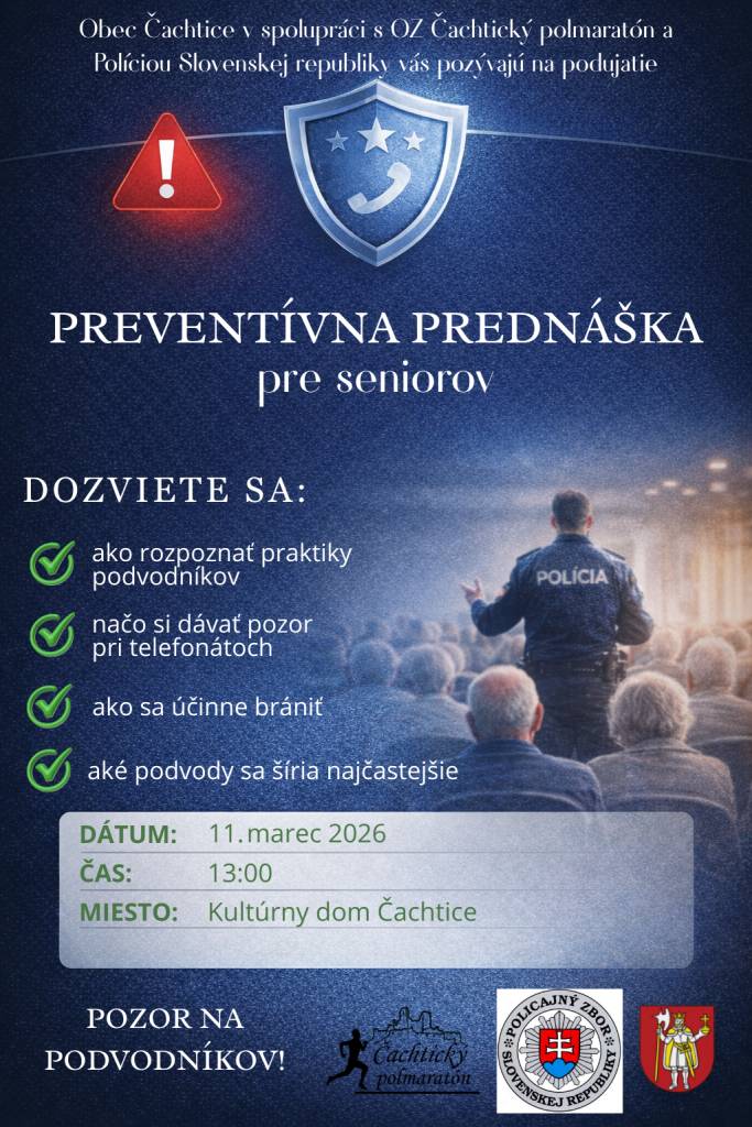 Podvody na senioroch sú čoraz častejšie. Preventívna prednáška pre (nielen) seniorov, ktorá môže ochrániť vás aj vašich blízkych.  Dozviete sa:  ✔️ ako rozpoznať praktiky podvodníkov  ✔️ na čo si dávať pozor pri telefonátoch  ✔️ ako sa účinne brániť  ✔️ aké podvody sa šíria najčastejšie...