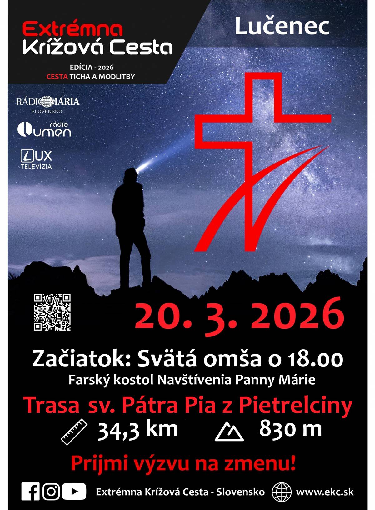 Spoločenstvo Extrémnej Krížovej Cesty - Lučenec vás pozýva dňa 20. 03. 2026 na možnosť prežitia krížovej cesty.  Extrémna Krížová Cesta začína večernou svätou omšou vo farskom kostole Navštívenia Panny Márie v Lučenci o 18:00 h.  Tento duchovný projekt vznikol v Poľsku ešte v roku 2009. U nás na Slovensku je od roku 2018 a tohto roku sa uskutoční na Slovensku už na 43 trasách. V našom regióne bude po tretíkrát.  Pred rokom sa konal v 23 krajinách sveta, na 1140 trasách a mal už via...