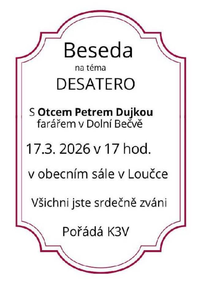Beseda na téma Desatero se bude konat 17. března 2026 v kulturním centru. Akce je určena pro širokou veřejnost a nabídne prostor pro diskuzi o významu Desatera v dnešní době.