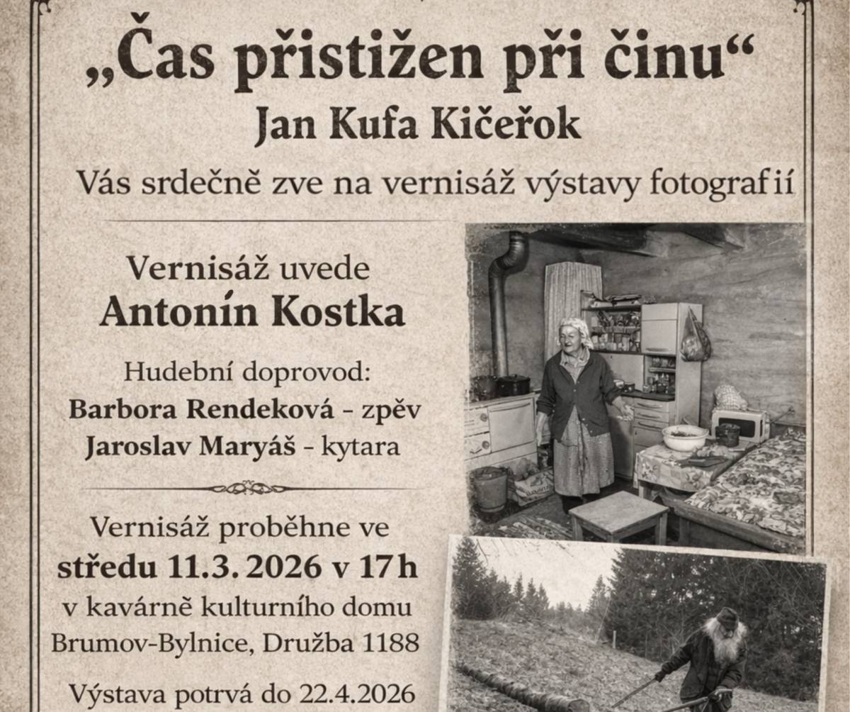 Vernisáž výstavy fotografií od autora ze severní Moravy - Jan Kufa Kičeřok, úvodním slovem provede Antonín Kostka a hudebně doprovodí Bára Rendeková - zpěv a Jarek Maryáš - kytara. Výstava potrvá do 22.4.2026