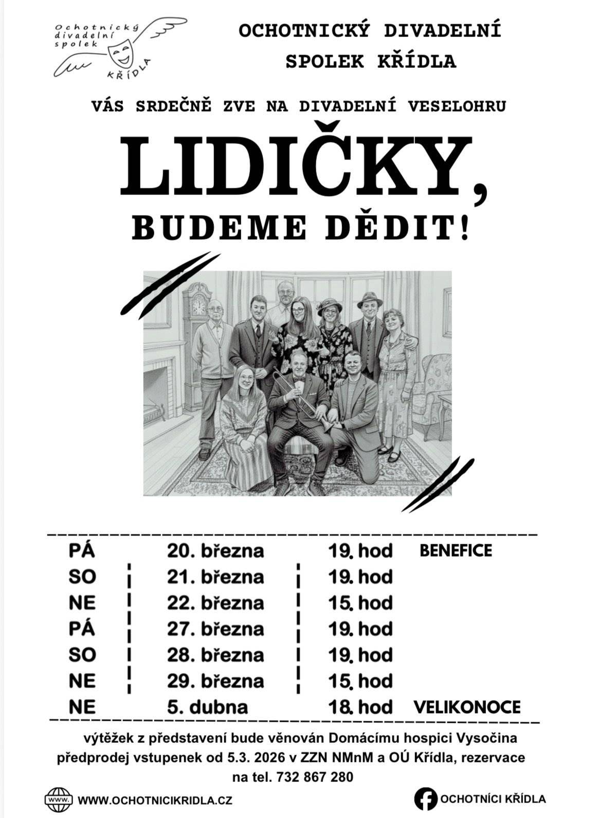 1) MUDr. Kozárová oznamuje, že ve dnech 9. až 13. března bude ordinace z důvodu čerpání dovolené uzavřena. Akutní případy ošetří MUDr. Bartošíková po objednání na telefonním čísle 566 616 907. Ordinaci má v Novém Městě na Moravě v budově polikliniky na Vratislavově náměstí. 2) Ochotnický divadelní spolek Křídla zve na letošní veselohru Lidičky, budeme dědit! Více informací níže.  3) Domácí hospic Vysočina, o.p.s. hledá zdravotní sestru. Inzerát níže.