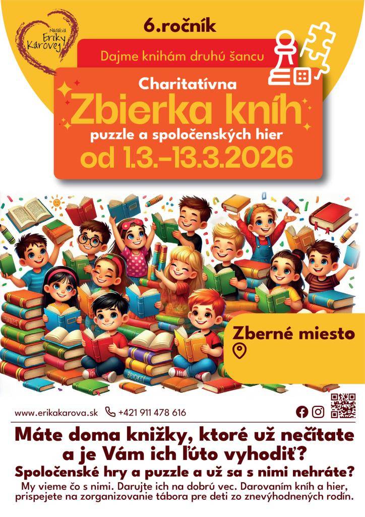 Ak máte doma knihy, ktoré už nečítate a je Vám ich ľúto vyhodiť? Zapojte sa do charitatívnej zbierky kníh.  V dňoch 11.-13.3.2026 zbierame knihy vo vestibule Obecného úradu Horné Pršany počas úradných hodín.
