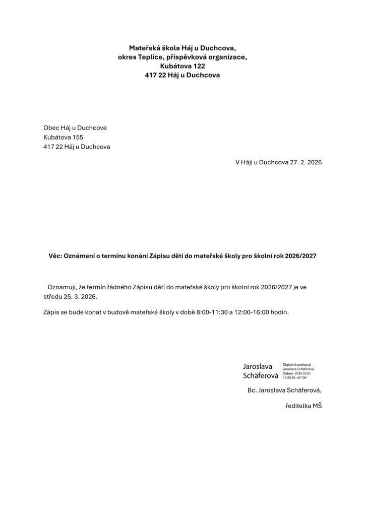 Oznámení o termínu konání Zápisu dětí do MŠ pro školní rok 2026/2027