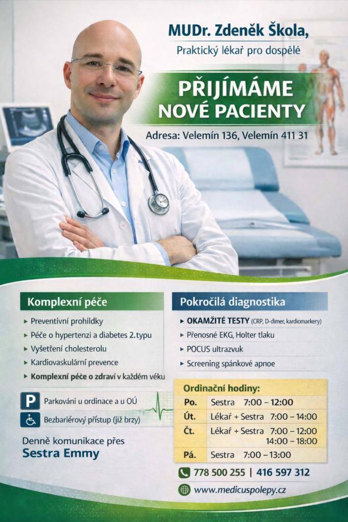 Nová ordinace praktického lékaře pro dospělé ve Velemíně přijímá nové pacienty.