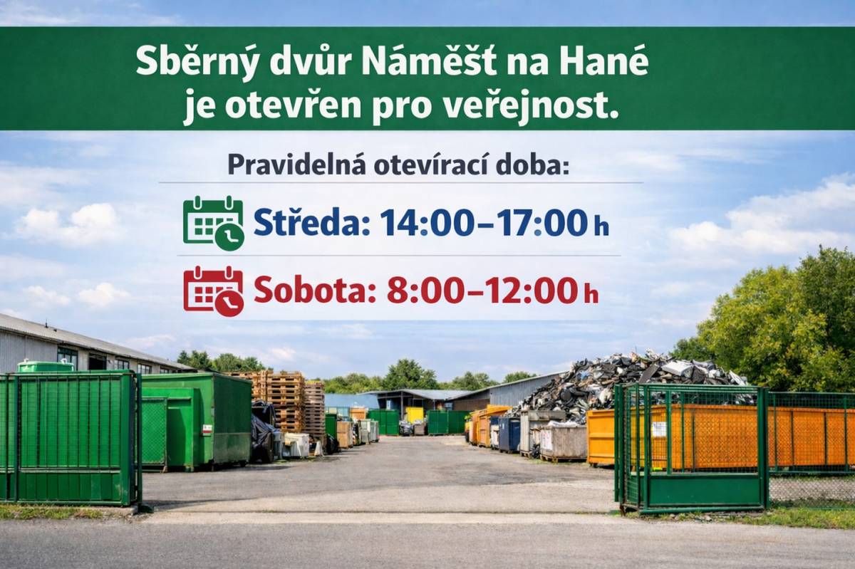 Sběrný dvůr v Náměšti na Hané je opět otevřen bez omezení, což umožňuje občanům pohodlně likvidovat odpad. Pravidelná otevírací doba je ve středu od 14:00 do 17:00 hodin a v sobotu od 8:00 do 12:00 hodin.