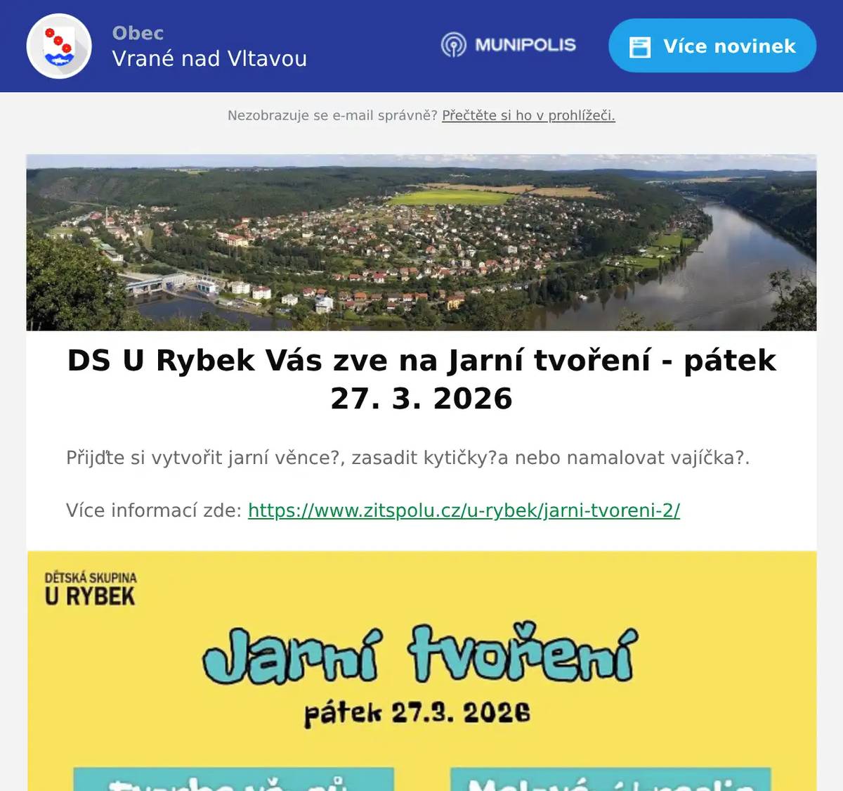 Přijďte si vytvořit jarní věnce?, zasadit kytičky?a nebo namalovat vajíčka?.Více informací zde: https://www.zitspolu.cz/u-rybek/jarni-tvoreni-2/
