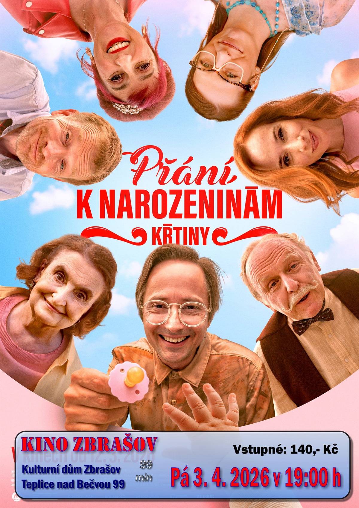 V domě Líby (Eva Holubová) a Arnošta (Jaroslav Dušek) vrcholí přípravy na křtiny, které mají proběhnout přesně podle Líbina detailního plánu – včetně volby jména dítěte. Nic však nejde podle očekávání: snacha Simona (Simona Babčáková) zvolí tajně jiné jméno, Arnošt se zaplete do „detektivního“ pátrání po ztracených klíčích a domnělé krádeže, zatímco Karel (Matěj Hádek) a jeho kamarád Richard (Jaroslav Plesl) řeší nedorozumění ve zlatnictví. Chaos ještě znásobí zmatená prodavačka Vlastička (Anna Polívková), která ztratila paměť. S blížícím se dnem křtu vyplouvají na povrch tajemství, identity se vyjasňují a rodinné vztahy procházejí zatěžkávací zkouškou. Kino Zbrašov – Teplice nad Bečvou 99, sál kulturního domu s kapacitou 150 diváků. Otevíráme 20 min před začátkem představení. Možnost občerstvení v přízemí kulturního domu – prodejna potravin otevřena do 19 hod. Předprodej vstupenek nezajišťujeme – kdo dřív přijde, má větší možnost výběru místa.