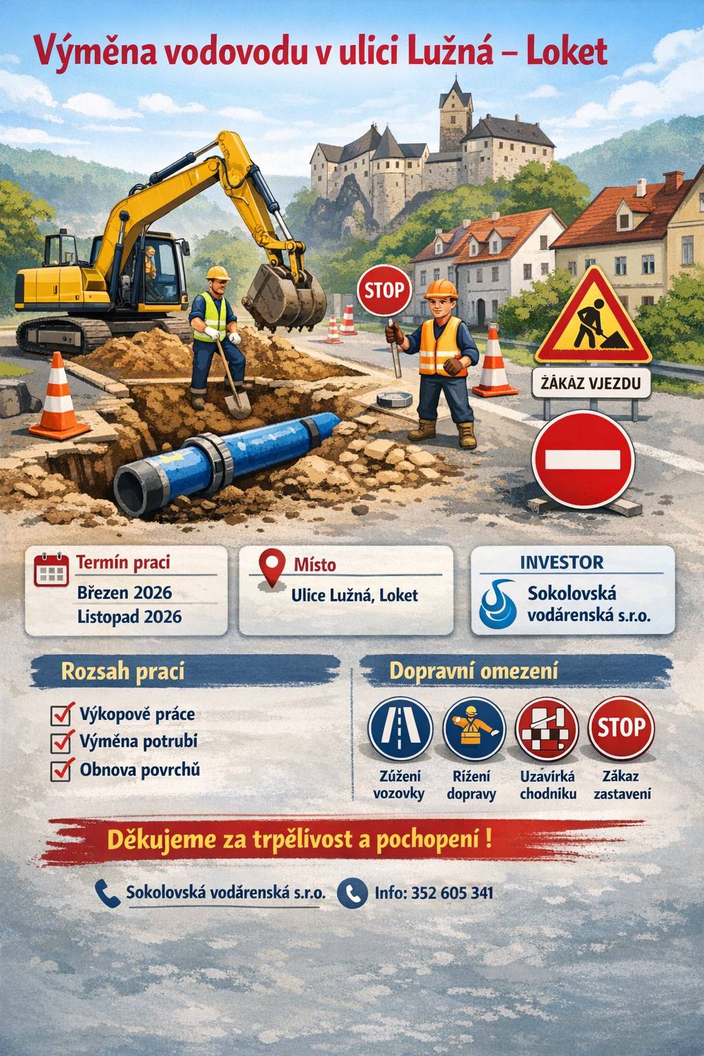 Město Loket informuje občany o plánovaném zahájení stavebních prací v ulici Lužná.   Název akce: Loket, ulice Lužná – výměna vodovodu    Místo realizace: Ulice Lužná, v úseku od bývalé ČOV směrem k parkovišti u křižovatky ulic Nádražní a Sadová, k. ú. Loket.    Předpokládaný termín realizace:  Zahájení: březen 2026 Ukončení: listopad 2026 Stavební práce v jednotlivých pracovních úsecích (dopravní omezení) budou probíhat postupně, vždy po etapách. Vlastní omezení v konkrétních místech potrvá přibližně 1 týden.   Rozsah a charakter prací:   výměna stávajícího vodovodního řadu   přepojení vodovodních přípojek   místní výkopové práce a protlaky   následná obnova povrchů komunikací, chodníků a parkovacích ploch        Dopravní omezení: Po dobu realizace bude docházet k:   dočasnému zúžení komunikace,   místnímu řízení dopravy poučenými pracovníky,   uzavírkám chodníků v dotčených úsecích,   dočasnému zákazu zastavení na části parkoviště,   instalaci přechodného dopravního značení.   Přístup k nemovitostem bude po celou dobu stavby umožněn (v případě potřeby pomocí provizorních lávek).   Žádáme občany o zvýšenou opatrnost v místě stavby a děkujeme za trpělivost a pochopení během realizace této potřebné investice do vodohospodářské infrastruktury města.