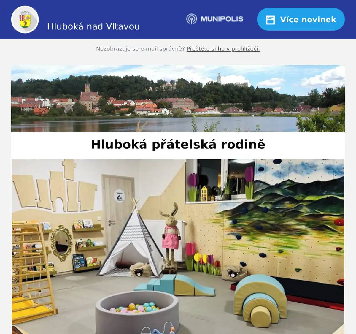 Milí spoluobčané,  Hluboká v pohybu ve spolupráci s městem Hluboká nad Vltavou nabízí pravidelný čtvrteční program, který bude během jara pro hlubocké občany zdarma! Přijďte se svými dětmi na edukativní dopoledne plné inspirace, pohybu a společného času! Podrobnosti a online rezervace na tel. 777147740 nebo v příloze přes QR kód.  Bc. Karla Peldová - předseda spolku, sportovní akce, Montessori školkatel. 777 147 740www.hlubokavpohybu.czFB - https://www.facebook.com/hlubokavpohybu