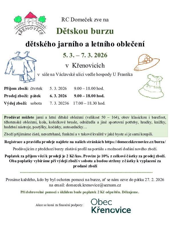 PRODEJ ZBOŽÍ: pátek 06.03.2026, 9.00–18.00 hod. Bližší informace na www.domecekkrenovice.cz