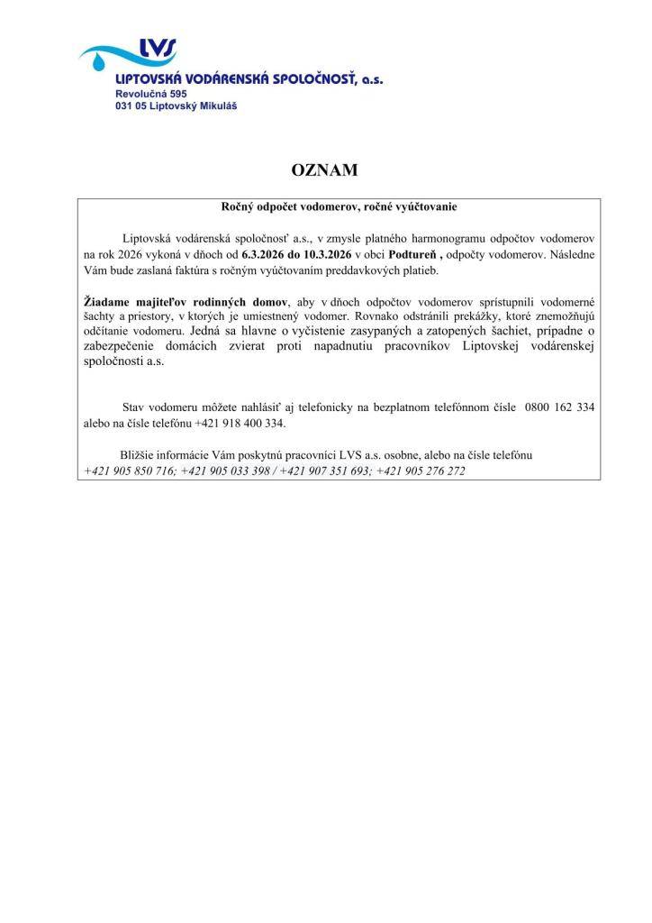 Odpočty vodomerov v obci Podtureň od 6.3.2026-10.3.2026