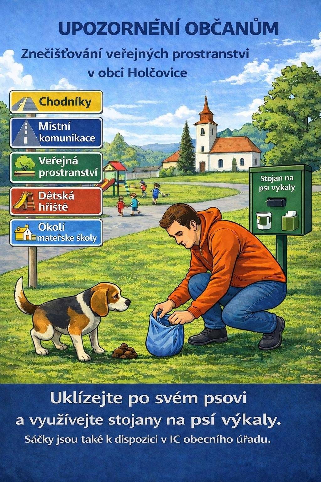V poslední době dochází k velkému znečišťování veřejných prostranství při procházkách ve společnosti vašich čtyřnohých mazlíčků 🐕. Jedná se především o prostranství v centru naší obce. Žádáme občany, aby využívali odpadkové koše 🗑 se sáčky na psí exkrementy a uklízeli je z těchto veřejných prostranství.   Děkujeme, že přispíváte k udržování pořádku v naší obci.