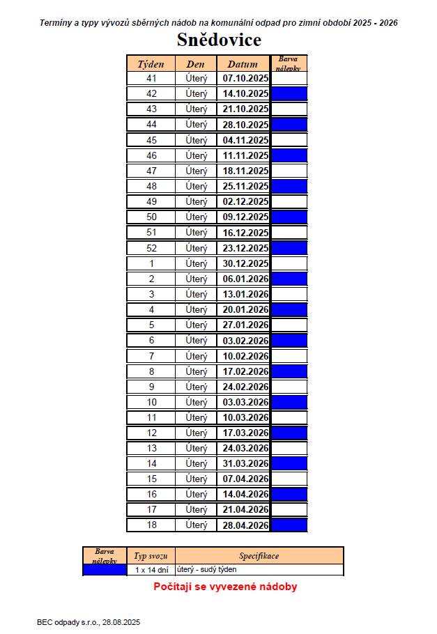 Přehled svozů na rok 2025/2026