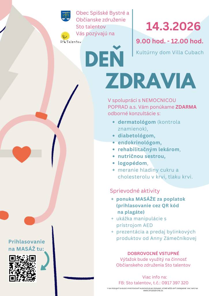 Obec Spišské Bystré a Občianske združenie Sto talentov pozývajú a DEŇ ZDRAVIA 14.3.2026 od 9:00 h do 12:00 h.