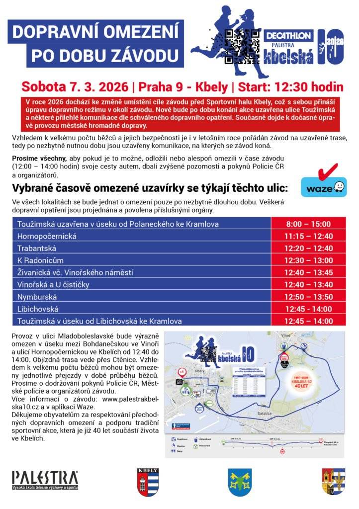 V sobotu 7. března bude kvůli běžeckého závodu PALESTRA Kbelská 10 dopravní uzavírka na Vinořském náměstí a Živanické ulice, a to v čase cca 12:40 až 13:45. Prosíme, respektujte pokyny pořadatelů a policie.