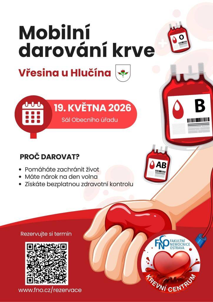 Dne 19. 5. 2026 bude na sále obecního úřadu ve Vřesině probíhat mobilní darování krve.