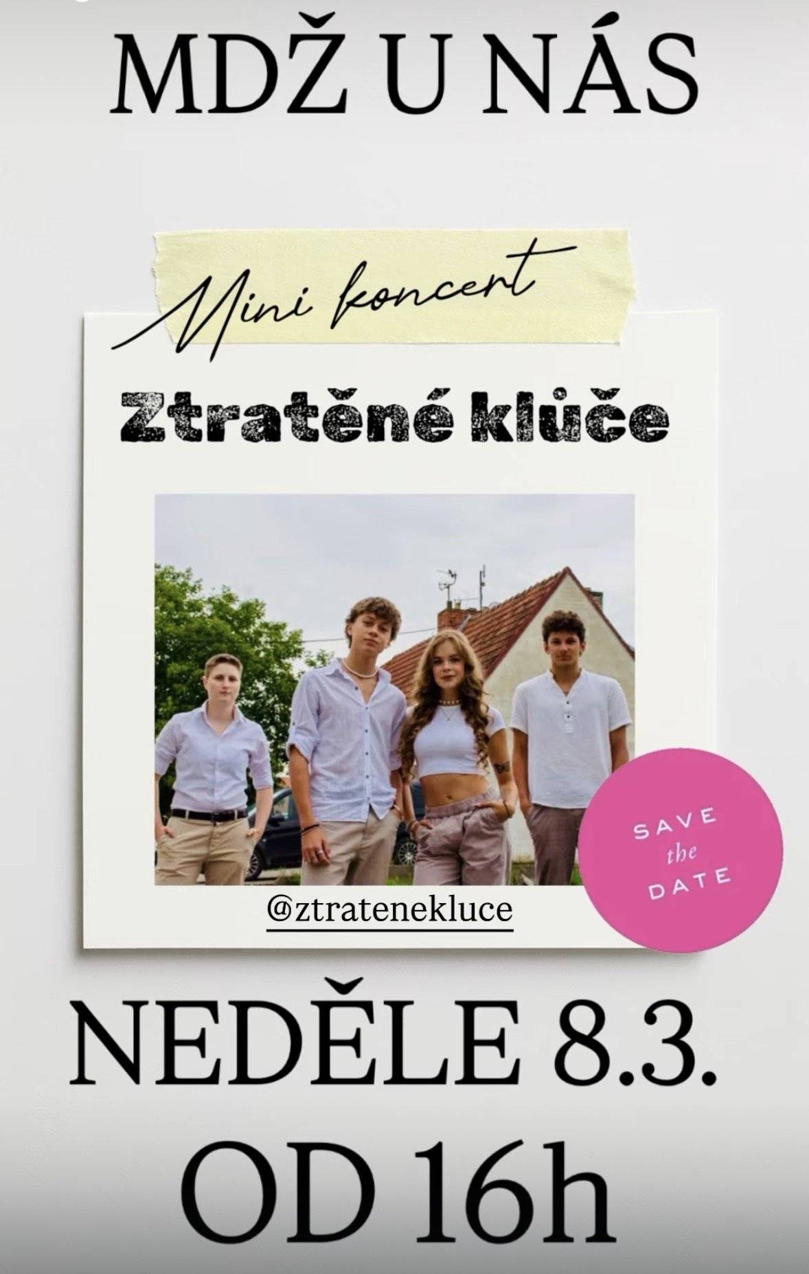 Tuto neděli, 8.3. budou hrát v Gala Cafe všem ženám a slečnám. Vezměte své ženy, všech věkových kategorií do Gala Cafe a vychutnejte si nejen výbornou kávu a dezerty, ale tentokrát i skvělou hudbu, v podání místních úžasných talentů. Ztratěné klůče budou hrát od 16:00 hodin.