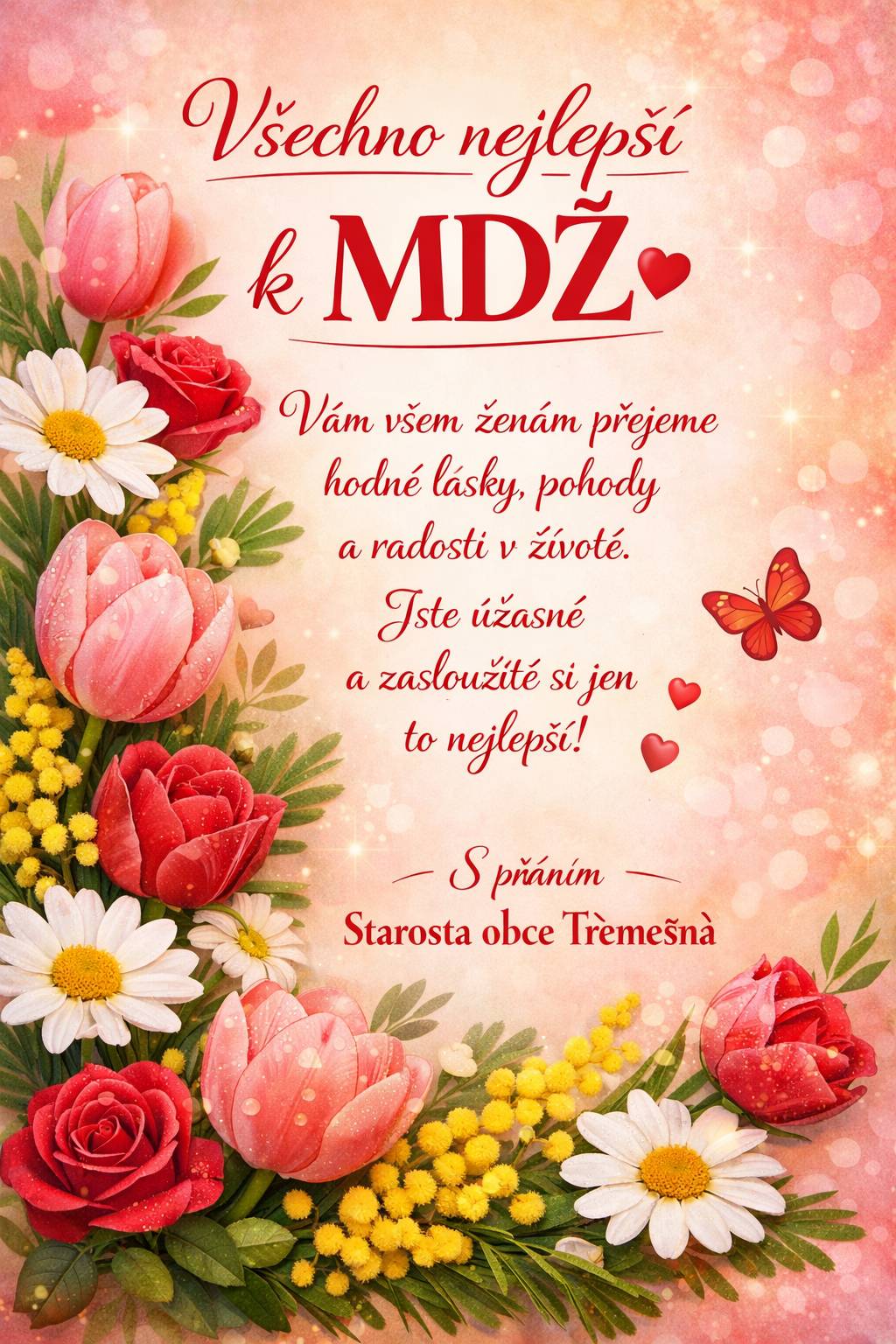 Všechno nejlepší k MDŽ Vám všem ženám přejeme hodně lásky, pohody a radosti v životě. Jste úžasné a zasloužíte si jen to nejlepší. S přáním  Starosta obce Třemešná