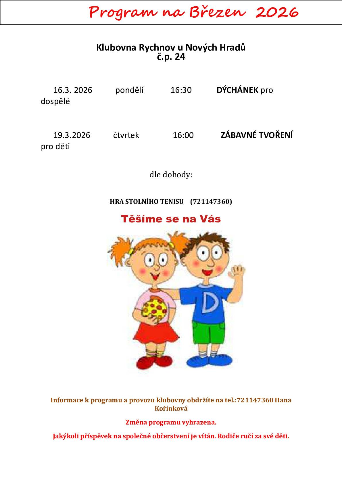 Klubovna Rychnov u Nových Hradů - program březen 2026