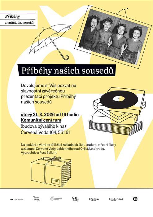 Srdečně Vás zveme na slavnostní závěrečnou prezentaci projektu Příběhy našich sousedů.  Do letošního ročníku se zapojili studenti Střední průmyslové školy Letohrad, kteří se v průběhu několika měsíců věnovali zpracování životního příběhu pamětníka z našeho regionu. Pod vedením organizace Post Bellum vyhledávali pamětníky, natáčeli jejich vzpomínky, pracovali s archivními materiály a připravovali vlastní výstupy.  Výsledky své práce představí veřejnosti právě na slavnostní závěrečné prezentaci. Můžete se těšit na autentické příběhy, které přibližují historii prostřednictvím osobních svědectví a pohledu mladé generace.  📅 Úterý 31. března 2026 od 16 hodin 📍 Komunitní centrum (budova bývalého kina) Červená Voda 164, 561 61