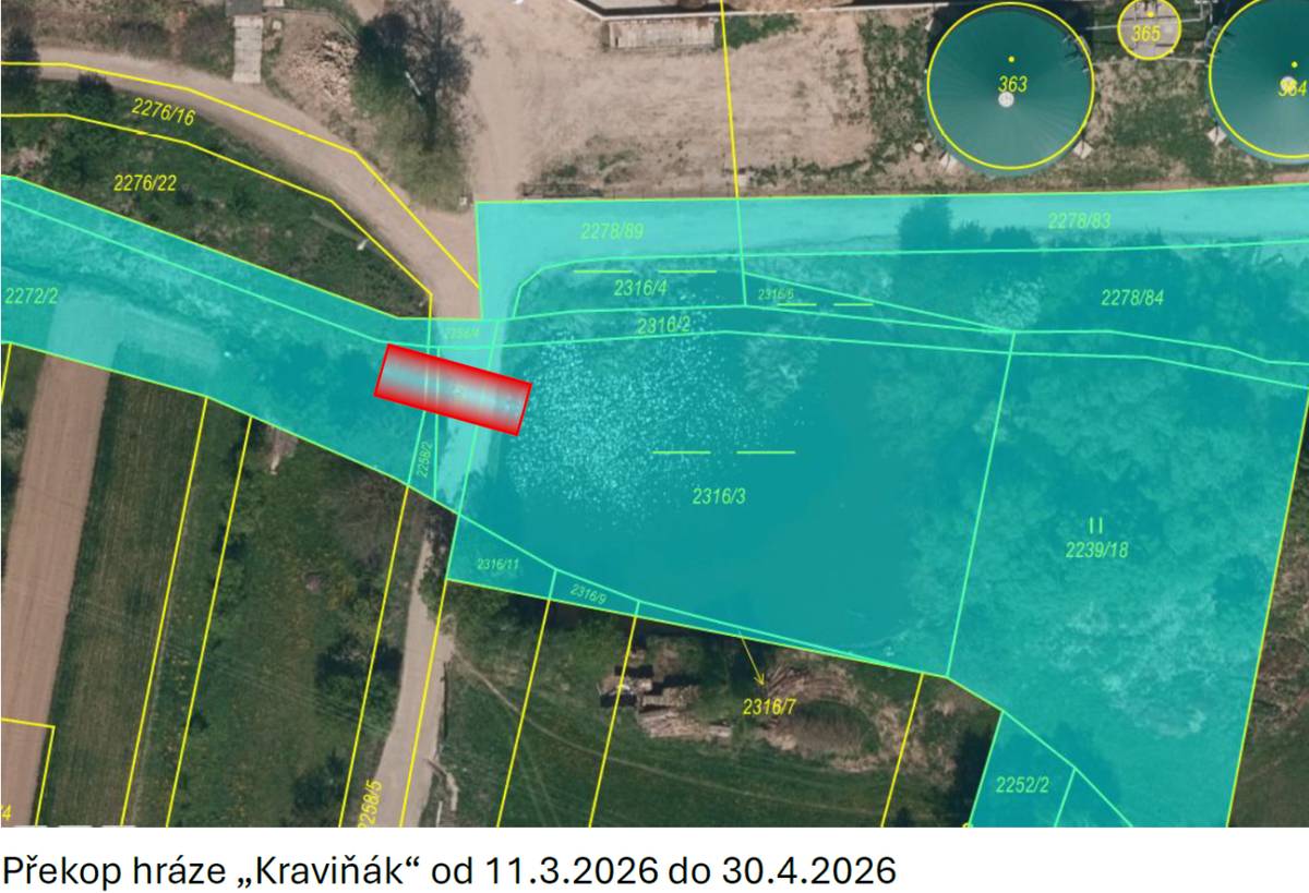 Od 11. března do 30. dubna 2026 bude hráz rybníka Kraviňák neprůchozí a neprůjezdná z důvodu stavebních prací – provádí se překop.  Prosíme občany a návštěvníky, aby tuto část rybníka v uvedeném období nevyužívali a dbali zvýšené opatrnosti v okolí staveniště.  Děkujeme za pochopení.