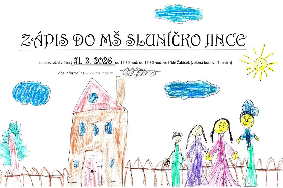 Zápis do MŠ Sluníčko Jince proběhne v úterý 31. března od 12.30 do 16.30 hodin ve třídě Žabiček (zelená budova, 1. patro).  Všechny potřebné informace a dokumenty naleznete na www.msjince.cz
