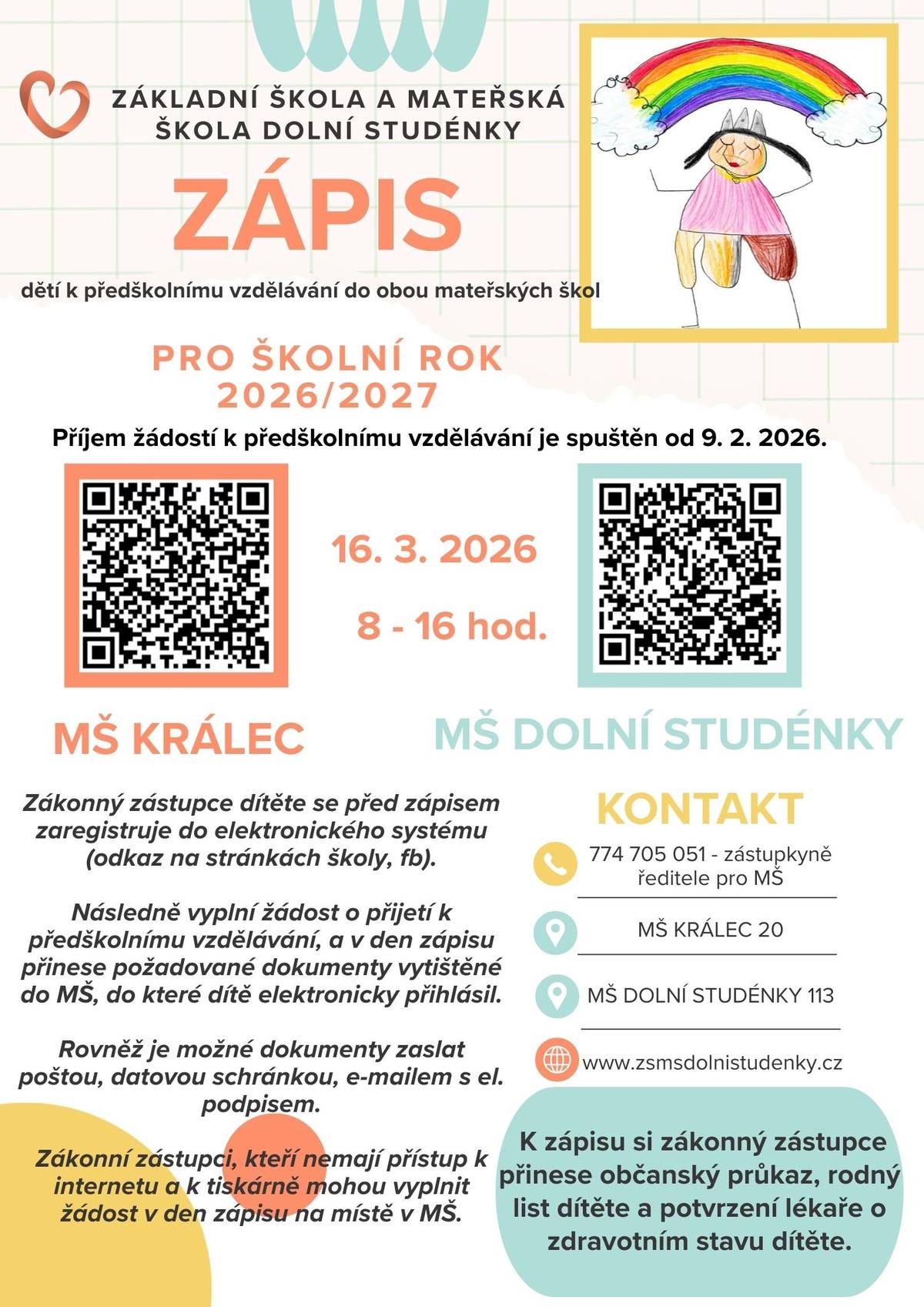 Pozvánka na zápis dětí do mateřských škol v Dolních Studénkách.