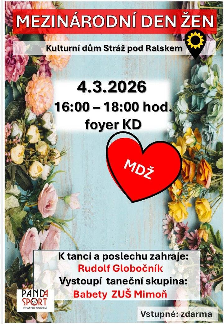 Srdečně Vás zveme ve středu 4. 3. 2026 od 16:00 do 18:00 hodin do foyer Kulturního domu na příjemné sváteční odpoledne. 💐 K tanci i poslechu zahraje Rudolf Globočník. 🎶 Těšit se můžete také na vystoupení taneční skupiny Babety ZUŠ Mimoň. 💃 Přijďte si užít pohodovou atmosféru, setkat se s přáteli a společně oslavit tento krásný den. 🌷 ✨ Vstup je zdarma. Těšíme se na Vás. 💖