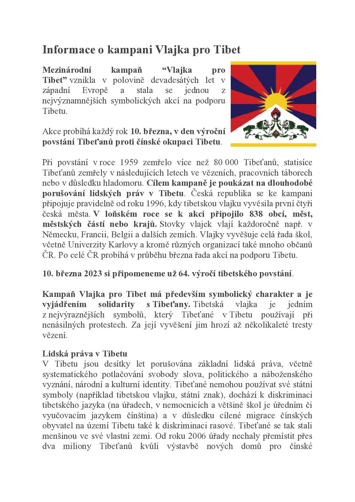 Obec Chotusice se dlouhodobě připojuje k mezinárodní kampani ,,Vlajka pro Tibet - 10.3.2026''