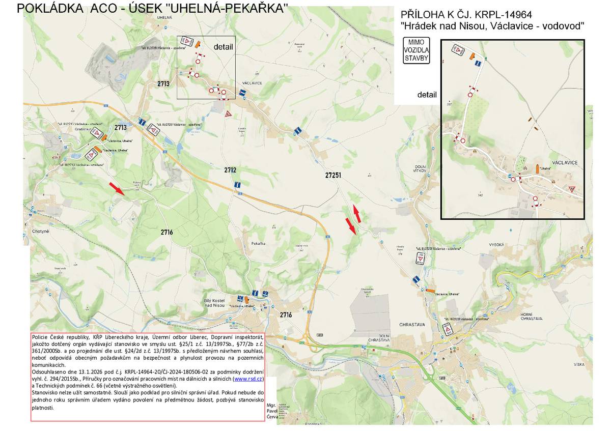 Ve Václavicích budou i v této sezoně pokračovat práce na výstavbě vodovodu. S tím se pojí uzavírky pro dopravu. Přípravné práce v úseku Uhelná – Pekařka proběhnou v termínu 16.–20. 3. 2026. Samotná pokládka asfaltobetonu (ACO) je plánována v týdnu 23.–27. 3. 2026, přičemž úplná uzavírka pro veškerý provoz bude maximálně na dva dny. Přesný termín bude upřesněn podle počasí a kapacity obalovny. Dokončovací práce, tedy úpravy odvodňovacích žlabů a krajnic, budou probíhat do 30. 6. 2026.  První část v úseku Chrastava – křižovatka na Pekařku je plánována v termínu 16. 3. – 30. 6. 2026. Úplná uzavírka pro veškerý provoz zde nastane při pokládce ACO v termínu 11.–15. 5. 2026, přičemž samotná uzavírka bude opět maximálně na dva dny.  Druhá část v úseku Hrádek – křižovatka na Uhelnou proběhne v termínu 13. 4. – 30. 6. 2026. Úplná uzavírka je plánována při pokládce ACO v týdnu 25.–29. 5. 2026, rovněž maximálně na dva dny.