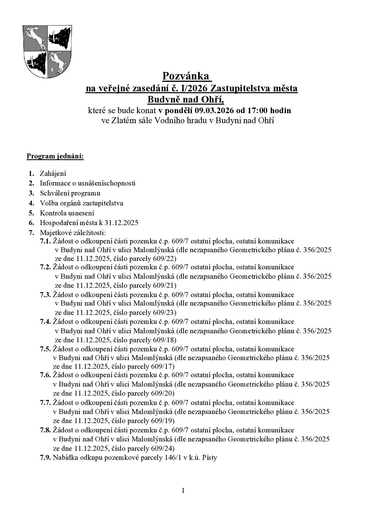 Pozvánka na veřejné zasedání č. I/2026 Zastupitelstva města Budyně nad Ohří.