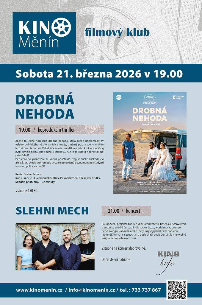 V sobotu 21. března od 19:00 pustíme v iránský filmové drama se špetkou černého humoru s názvem Drobná nehoda. Po skončení zahraje kapela Slehni mech, která se loni umístila na druhém místě hudební soutěže Porta 2025.