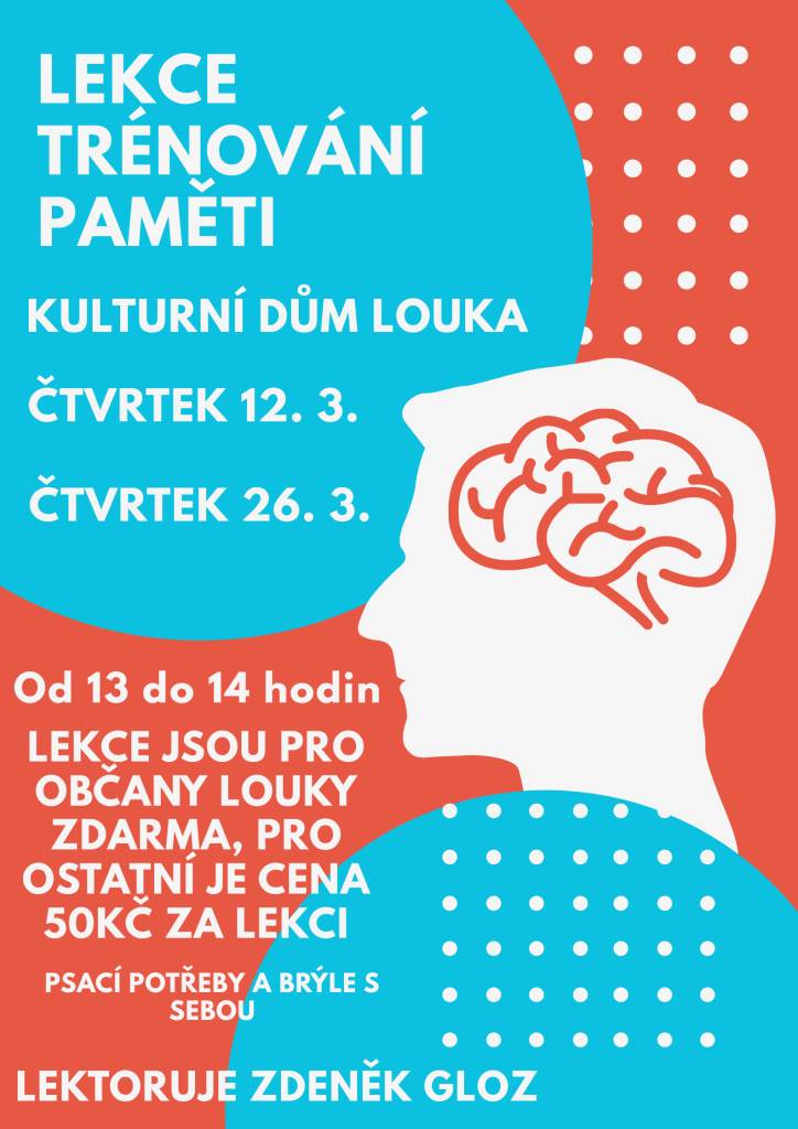 Lekce jsou pro občany Louky zdarma, pro ostatní je cena 50 Kč. Psací potřeby a brýle s sebou.