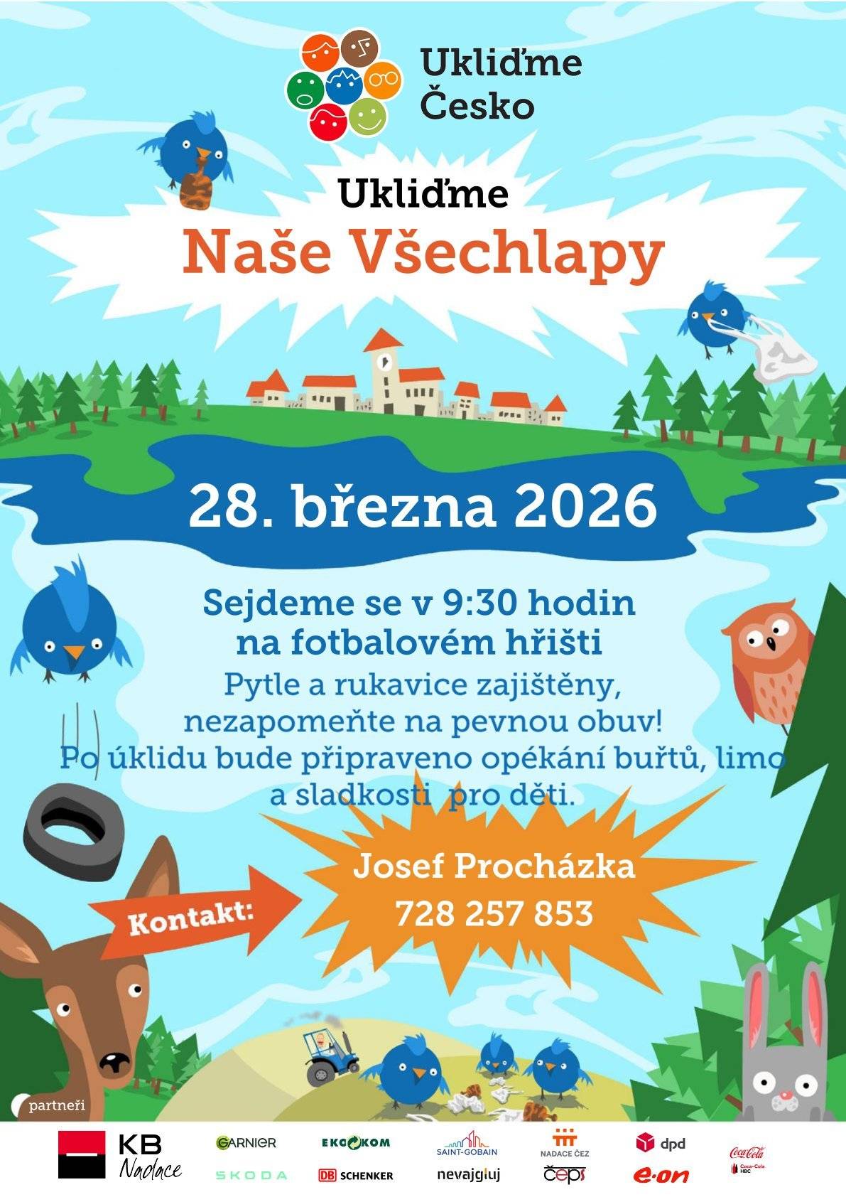 Přidejte se k nám do celorepublikové akce Ukliďme Česko a pomozte uklidit Všechlapy a okolí! 💚 📅 Kdy: 28. března 2026 ⏰ V kolik: 9:30 📍 Kde: fotbalové hřiště ve Všechlapech Pytle i rukavice budou zajištěny, stačí si vzít pevnou obuv a dobrou náladu. Po úklidu se můžete těšit na malé občerstvení: 🔥 opékání buřtů 🥤 limo 🍬 sladkosti pro děti Přijďte sami, s rodinou nebo s přáteli – každá ruka pomůže a společně uděláme naše Všechlapy zase o kus hezčí. 🌍 📞 Kontakt: Josef Procházka – 728 257 853 Těšíme se na vás! 🙌
