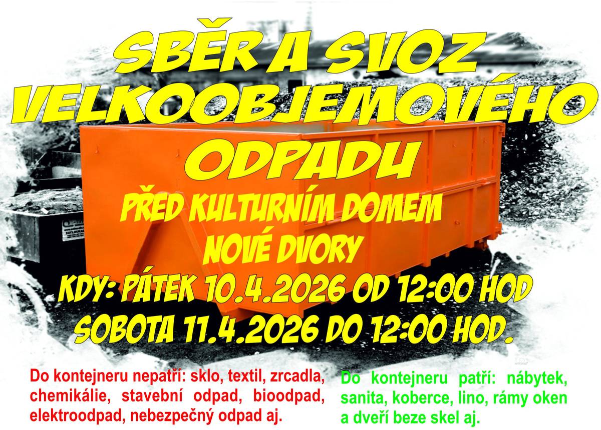 1. Připomínáme, že poplatky za odpady a psa jsou splatné do 31.3.2026. Více zde: https://www.novedvory.eu/poplatek-za-odpady-platby a zde: https://www.novedvory.eu/psi. Všem, kteří poplatky již uhradili děkujeme. 2. Do kalendářů: nebezpečný odpad bude 8.4.2026 a velkoobjemový 10.-11.4.2026.