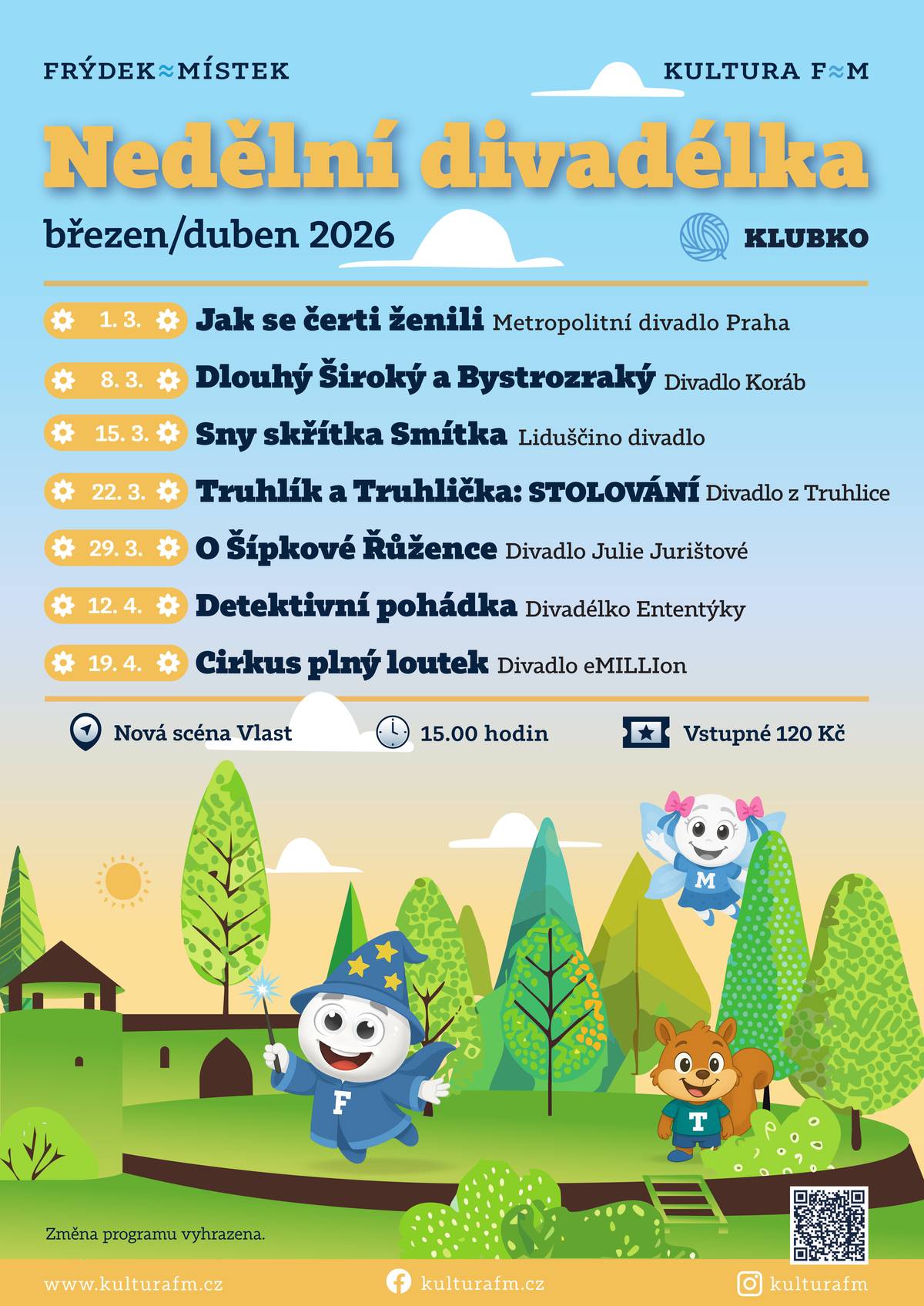 8/3/2026 • Nová scéna Vlast • od 15 hodin  V klasické pohádce v provedení Divadla Koráb hrají herci, loutky a v hojné míře i písničky. Dlouhý se ze svých čtyřiceti centimetrů dokáže vytáhnout až do dvou metrů, Široký se šíří k neudržení a Bystrozraký po sundání šátku bystří své světelné oči. Uvidíte statečného prince, krásnou princeznu a škodolibého Černokněžníka, který princeznu unese na svůj zámek. A to je právě něco pro Dlouhého, Širokého a Bystrozrakého!    VSTUPENKY ZDE: Prodejní systém / Národní dům Frýdek-Místek | Dlouhý Široký a Bystrozraký