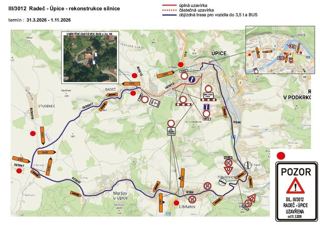 Městský úřad  Trutnov stanovil přechodnou úpravu provozu z důvodu úplné a částečné uzavírky části silnice III/3012 v ulici Poděbradova v Úpici. 📅 Termín omezení: 31. 3. 2026 – 1. 11. 2026 📍 Důvod: Výstavba kanalizace, opěrné zdi, chodníků a rekonstrukce komunikace. 🚗 Objízdná trasa: Objížďka je vedena přes silnice: II/304, III/3041, III/3073, III/30016, III/30017 (viz. přiložené mapky) a přes obce: Úpice, Havlovice, Libňatov, Maršov u Úpice, Hajnice a Trutnov. Objízdná trasa bude řádně vyznačena přenosným dopravním značením. Prosíme občany o zvýšenou opatrnost a respektování přechodného dopravního značení. Děkujeme za trpělivost.