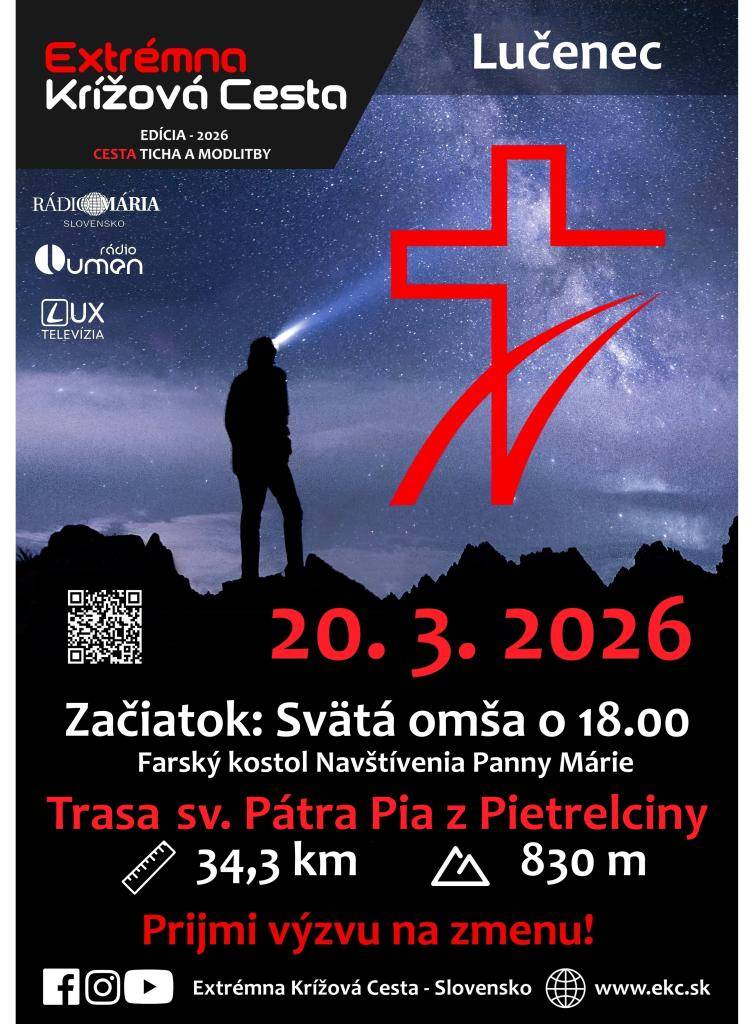 Spoločenstvo Extrémnej Krížovej Cesty - Lučenec vás pozýva dňa 20. 03. 2026 na možnosť prežitia krížovej cesty.