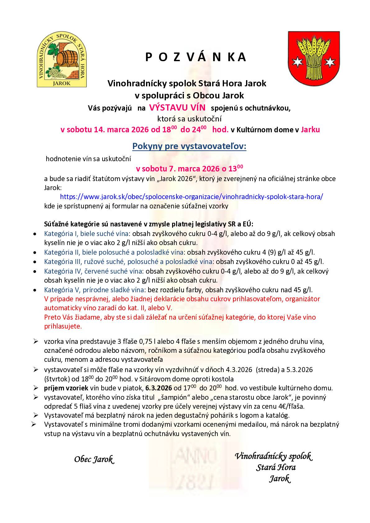 Obec Jarok a Vinohradnícky spolok Stará Hora Jarok Vás pozýva