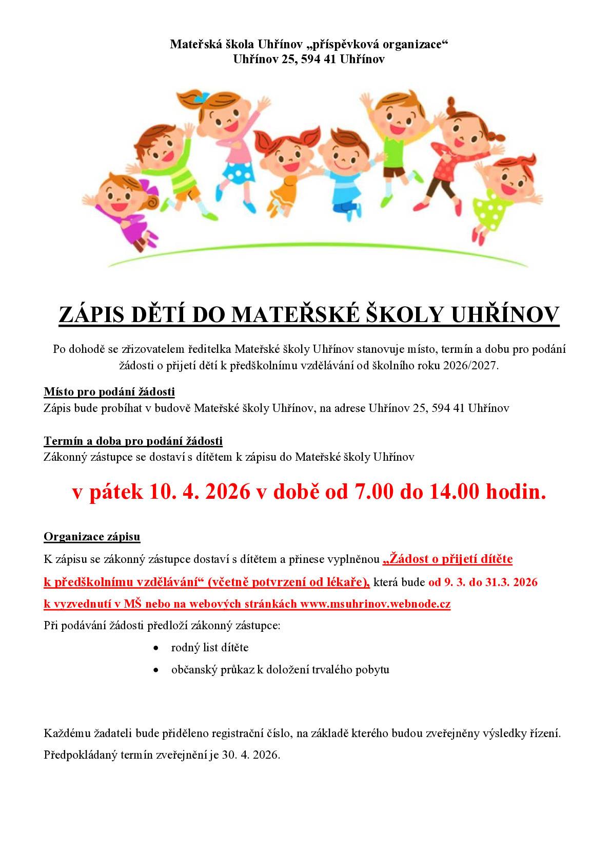 Kritéria k přijetí dětí k předškolnímu vzdělávání od školního roku 2026/2027