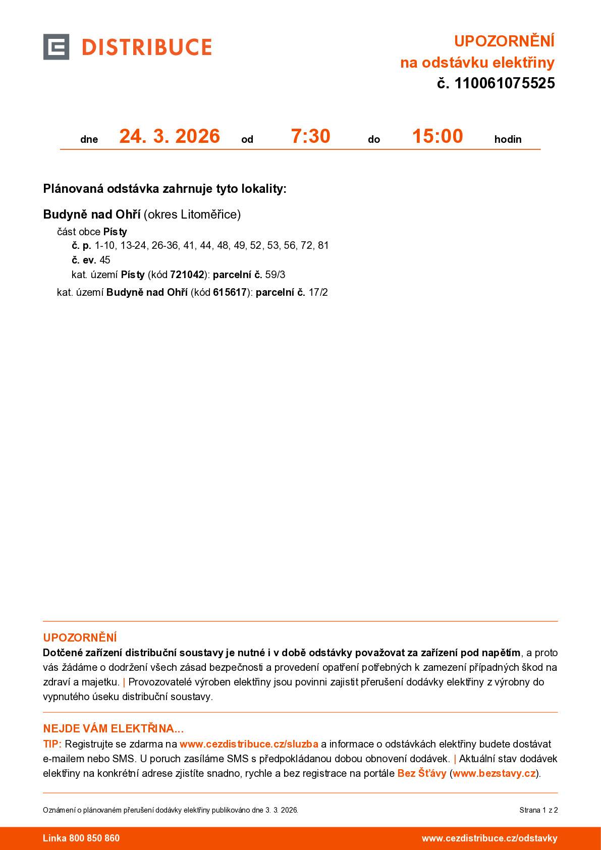 Společnost ČEZ Distribuce upozorňuje na odstávku elektřiny. (viz.obrázek)