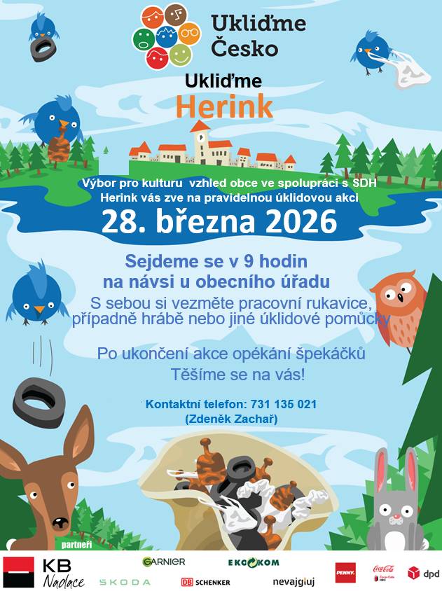 Dne 28.3.2026 se uskuteční tradiční akce Ukliďme Herink. Sejdeme se v 9 hodin na návsi u obecního úřadu. S sebou si vezměte pracovní rukavice, případně hrábě nebo jiné úklidové pomůcky. Po ukončení akce opékání špekáčků. Těšíme se na Vás!