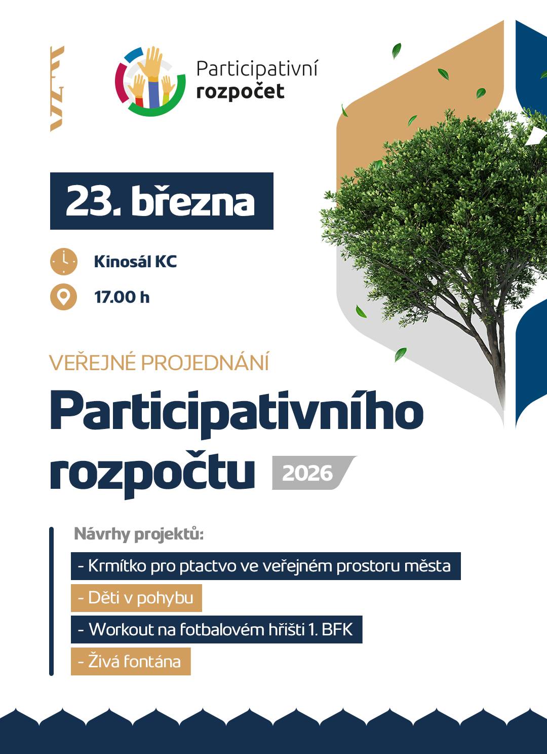 Zveme vás na veřejné projednání navrhovaných projektů od občanů města v rámci Participativního rozpočtu 2026 ve Frýdlantu nad Ostravicí.    Přijďte si poslechnout jednotlivé návrhy, zapojit se do diskuse a podpořit projekty, které mohou zlepšit naše město.     📌 Navrhované projekty: • Krmítka pro ptactvo ve veřejném prostoru města • Děti v pohybu • Workout na fotbalovém hřišti • Živá fontána     📅 23. března 2026 ⏰ 17:00 hodin 📍 Kinosál Kulturního centra Frýdlant nad Ostravicí     Dozvíte se více o jednotlivých návrzích a budete mít možnost zapojit se do diskuse.     Těšíme se na setkání s vámi.