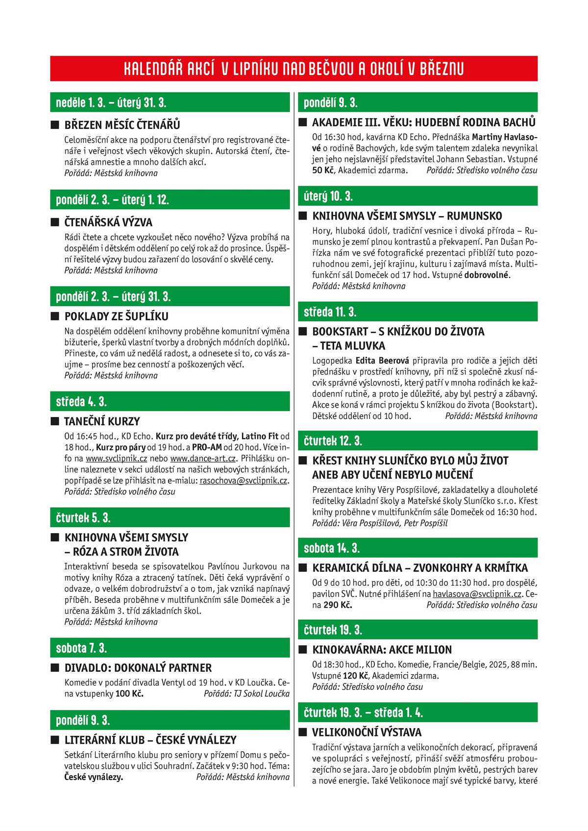 Přehled akcí v Lipníku nad Bečvou a okolí v měsíci Březnu 📆